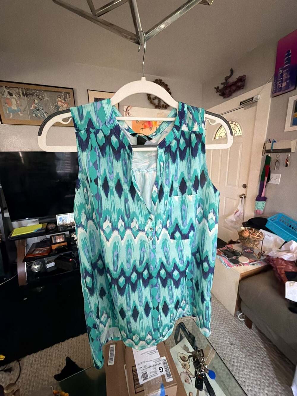 H&M Sleeveless Geometric Ikat Print Button-Down Blouse with Pocket